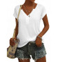 Demegimi T Shirt Femme Ete Col V Boutonne Manches Courtes Haut Femme Coton Coupe Ample Top Femme Confortable Casual Chic pour Qu