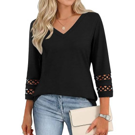 Cuptacc Tee Shirt Femme Manches 3/4 Col V Tunique Femme Décontracté Haut Chic et Elegant Chemisier Top