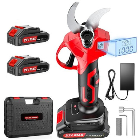 XIAZIR Sécateur électrique sans fil de 35 mm avec moteur brushless, sécateur de jardin avec écran LCD, 2 batteries 21 V 2000 mAh