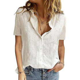 PASUDA Chemise Femme Haut ÉTÉ pour Femmes Chic et Élégant Coton Lin T-Shirt Manche Courte Col en V Chemisier Tunique Tops avec B