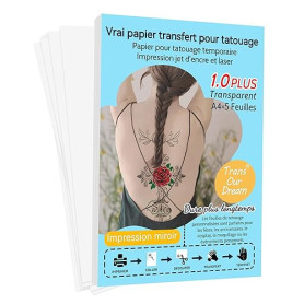 TransOurDream A4 x 5 Papier Transfert pour Tatouage Temporaire Transparent 1.0, impression jet d'encre&laser, DIY tatouage perso