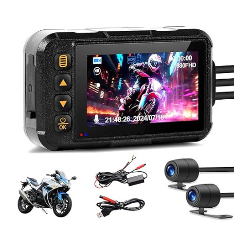 CAMECHO Moto Dashcam Écran 3 Pouces, IP67 étanche Double Caméra Grand Angle 120 Degrés 90 Degrés Caméra pour Moto avec HDR, Capt