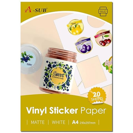 A-SUB Papier autocollant en vinyle imprimable imperméable de qualité supérieure blanc mat, étiquettes autocollantes en vinyle po