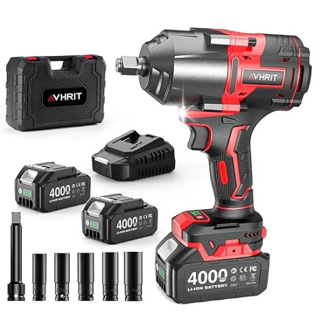 Avhrit 1600 N.m Clé à Choc Sans Fil Brushless avec Deux 4000mAh batteries, 1/2" Boulonneuse à Choc Électrique pour la voiture et