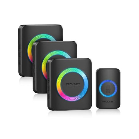 TECKNET Sonnette sans Fil Exterieur Etanche sans Pile, IP65 Étanche Sonnette sans Fil, 3 Récepteur avec Lumière RVB, 60 Mélodies