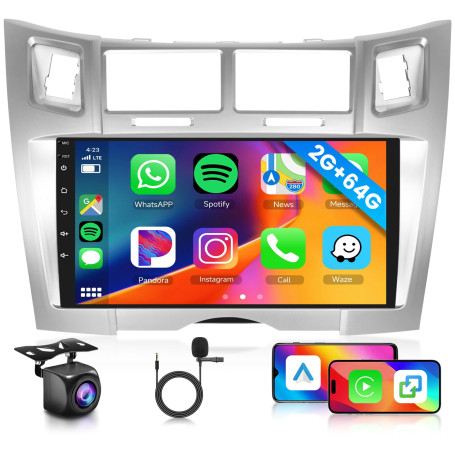 2GB 64GB Android Autoradio pour Toyota Yaris/Vizi 2005-2011 avec sans Fil Carplay Android Auto, Hodozzy Écran Tactile 9 Pouces R