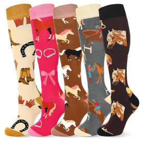 Sintege 5 Paires de Chaussettes d'Équitation pour Femme Chaussettes d'Équitation Longues Mi-Bas Colorés à Motifs Animaliers Cade