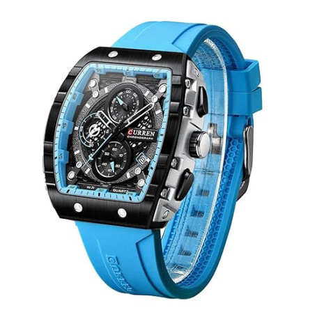 FORSINING Montre analogique à quartz pour homme - Grand cadran rectangulaire - Bracelet en silicone - Étanche - Calendrier - Dat