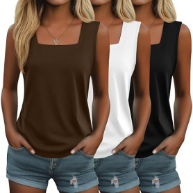 Suilung Lot de 3 Débardeurs pour Femme Hauts sans Manches Décontractés pour l'Été Coupe Ample et Col Carré