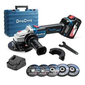 DongCheng Meuleuse d'angle sans fil 20V, Moteur sans balais, Disqueuse sans fil 125 mm, poignée anti-vibrations, 2 disques abras