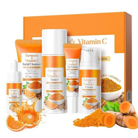 Ensemble de Soins de la Peau au Curcuma et à la Vitamine C, Set de Soin du Visage 5 en 1 pour Femmes avec Nettoyant au Curcuma,