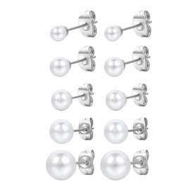 Boucles d'Oreilles en Perles d'Argent 925 5 Paires Blanches d'Eau Douce pour Femmes