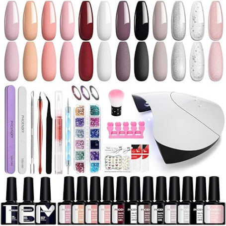 Kit Vernis Semi Permanent Phoenixy 12 Couleurs 8 ML Vernis Semi Permanent et 36W lampe UV Base et Matt Top Coat Kit Ongle Gel UV