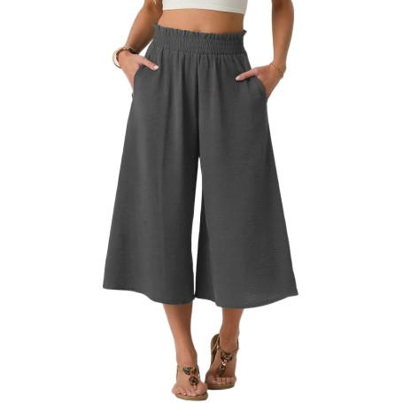 PrinStory Pantalon d'été léger pour femme - Taille haute - Culotte d'été décontractée - Pantalon palazzo à jambes larges - Avec 