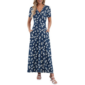 AUSELILY Robe Longue Femme Ete Col en V Manches Courtes Robe Femme Chic et Elegant Taille Haute Ligne A Cocktail Robes avec Poch
