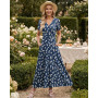 AUSELILY Robe Longue Femme Ete Col en V Manches Courtes Robe Femme Chic et Elegant Taille Haute Ligne A Cocktail Robes avec Poch