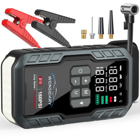 Booster Batterie Voiture 7000A avec 11,05 BAR/160 PSI Gonfleur de Pneus,27000 mAh Démarreur Batterie Voiture pour Tous Moteurs E