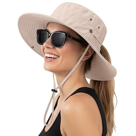 Xnova Chapeau Femme Visière Soleil Outdoor Bob Anti UV Pliable Chapeaux De Brousse Queue De Cheval en Maille à Large Bord Bucket