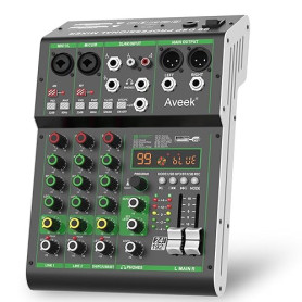 Aveek Audio Mixer,Table de Mixage Professionnelle avec USB/Bluetooth,4 Canaux D'entrée Stéréo DJ Mixer,48V Phantom Power 99 DSP