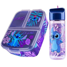 Disney Stitch Boîte à Goûter avec Compartiments et Gourde Enfant - Parfait pour l'École (Bleu/Violet)