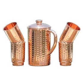 ANCIENT IMPEX Pichet Et Gobelet En Cuivre Pur (99,74 %) - Capacité 1,5 L - 4 Gobelets - Ayurveda - Cuivre Martelé - Facile À Net