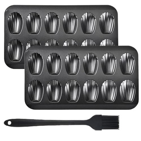 Lot de 2 moules à madeleines - Revêtement antiadhésif pour un démoulage facile - Avec pinceau à huile en silicone - Pour four, p