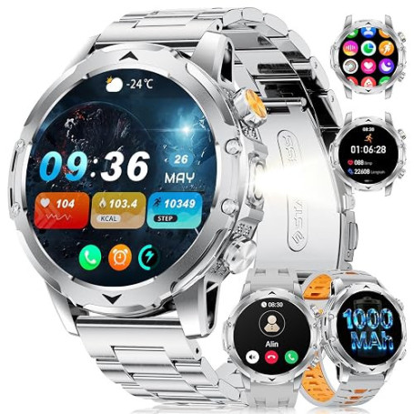 Montre Connectée Homme 1000mAh/IP68 Étanche/LED Lampe, 1.53" AMOLED Militaire Smartwatch Homme avec Appel Bluetooth, 123 Modes S