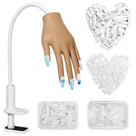 Adonafy Main D'Entrainement Manucure - Silikon Main Entrainement Ongles avec 200 Pièces Faux Ongles - Flexible Fausse Main pour