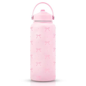 Bouteille isotherme avec motif nœud rose en acier inoxydable avec paille, isotherme, anti-fuite, 1 l, pour femmes, filles, adole