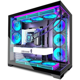 ANSAITE Boîtier PC ATX 9 Ventilateurs PWM ARGB pré-installés, Boîtier PC Gaming Mid-Tower, Boîtier Informatique panoramique en V