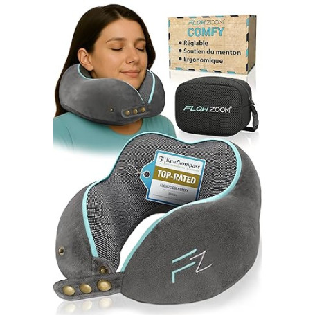 FLOWZOOM Comfy Coussin de Voyage en Mousse à Mémoire de Forme pour Avion et Voiture – Oreiller pour Avion Réglable, Soutien à 36