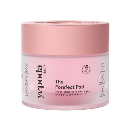 Yepoda The Porefect Pad, tampons toniques exfoliants à l’eau de rose, AHA, BHA & PHA, Exfoliation douce & raffermissant les pore