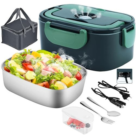 Gentre Lunch Box Chauffante 12V/24V/220V/110V, 1.5L Électrique Acier Inoxydable Chauffage Rapide Gamelle, Boîte Repas Amovible p