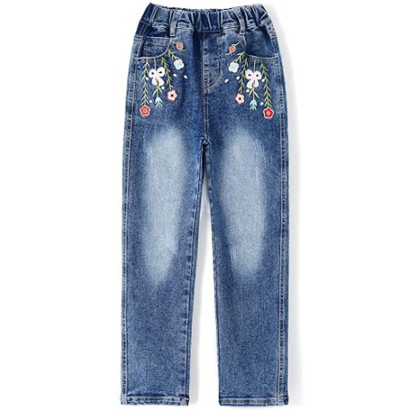 KIDSCOOL SPACE Jean Fille, Ceinture Élastique, Denim Stretch Brodé, Bleu