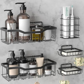 OUSFOT Etagere Salle de Bain 5 Pièces Etagere Douche Aucun Perçage Requis, Rangement Salle de Bain Noir avec Crochet, pour Salle