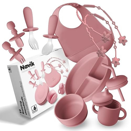 Navik | Coffret repas bebe 12 pièces | Assiette ventouse pour bébé | Tasse apprentissage bebe | Bol et bavoir | Couverts bébés |