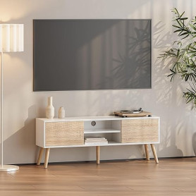 Meuble TV Design Support Télé Banc avec 2 Portes et 2 Étagères Panneau de Particules Mélaminé Pieds en Bois avec Revêtement PVC