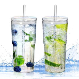 PORFOYO Verre Matcha Latte avec Paille, Verre avec Couvercle et Paille, Lot de 2 Tasses de 600 Ml, Couvercles Anti Déversement,
