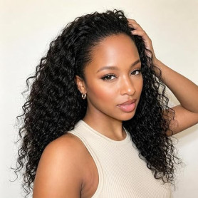Half Wig Human Hair Deep Wave Demi Perruque sans Colle 180% Densité Perruque Cheveux Humain Perruque Bandeau Bouclée 3 In 1 Seam