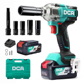 DCA Clé à chocs sans fil 20V Brushless, 682 Nm de couple max, enclume à anneau 13 mm, 2* batterie Li-ion 4000 mAh, 4 modes, lamp