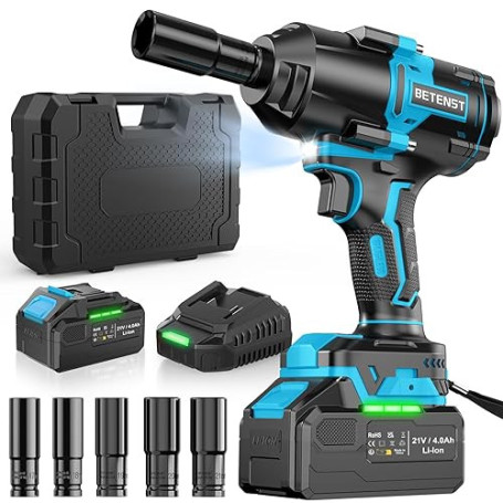 BETENST Clé à Chocs Sans Fil 1000N.m, Brushless Boulonneuse a Choc Electrique 1/2" avec 4,0 Ah Batterie, 5 Douilles à Chocs, 21V