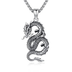 XIXLES Collier dragon en argent sterling 925 oxydé - Pendentif dragon - Bijou animal pour homme