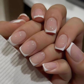 LOPHE 24 Pièces Ongles à Coller Manucure, Faux Ongles Court Carrés Français Rose Nude Ongles, Nails Autocollants pour Femme et F