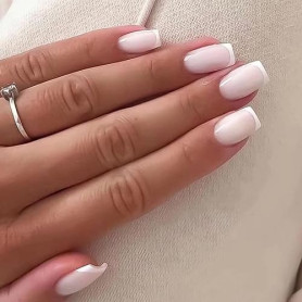 24PCS Court Carré Faux Ongles Français Nude Blanc Ongles à Coller 12 Tailles Ballerine Acrylique Capsules Ongles à Presser avec
