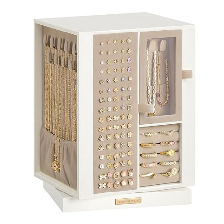 SONGMICS Boîte à Bijoux, Rotative à 360°, Coffret à Bijoux avec 4 Tiroirs, Rangement pour Accessoires, Colliers, Bracelets, Bagu