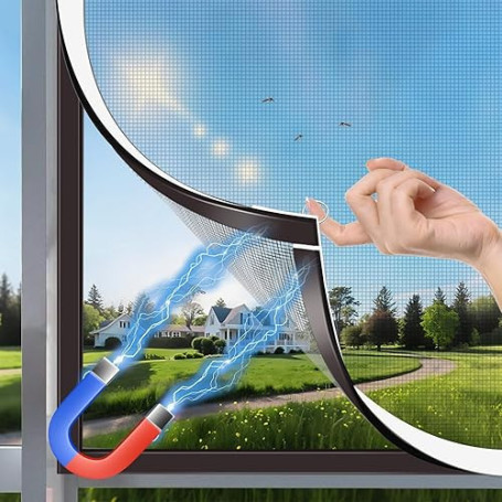 HOFUDON Moustiquaire Fenêtre Magnétique 130x150 cm,Durable Fibre de Verre, Taille Ajustable DIY,Moustiquaire Aimantée Fenetre Sa