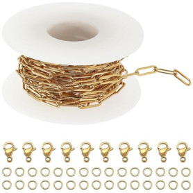 SUNNYCLUE 4x12mm 5m Chaîne de Trombone Chaîne en Acier Inoxydable Doré Plaqué Or 18 carats Collier avec 10pcs Fermoirs et 30pcs