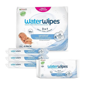 WaterWipes Sensitive+ Newborn & Baby Wipes, Lingettes Pour Nouveau-Nés et Bébés, 240 unités (4 paquets), 3-en-1 nettoie, soigne,