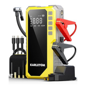 Karlxtom Booster Batterie Voiture avec 190 PSI Gonfleur, 12V Booster Voiture Puissant(Tous Gaz ou 10L Diesel), Écran LCD, 500LM