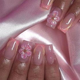Auriselle 24 pièces Faux ongles à coller Press on Nails, Carré Français avec Fleurs 3D Brillantes Couverture Complète, jolis ong